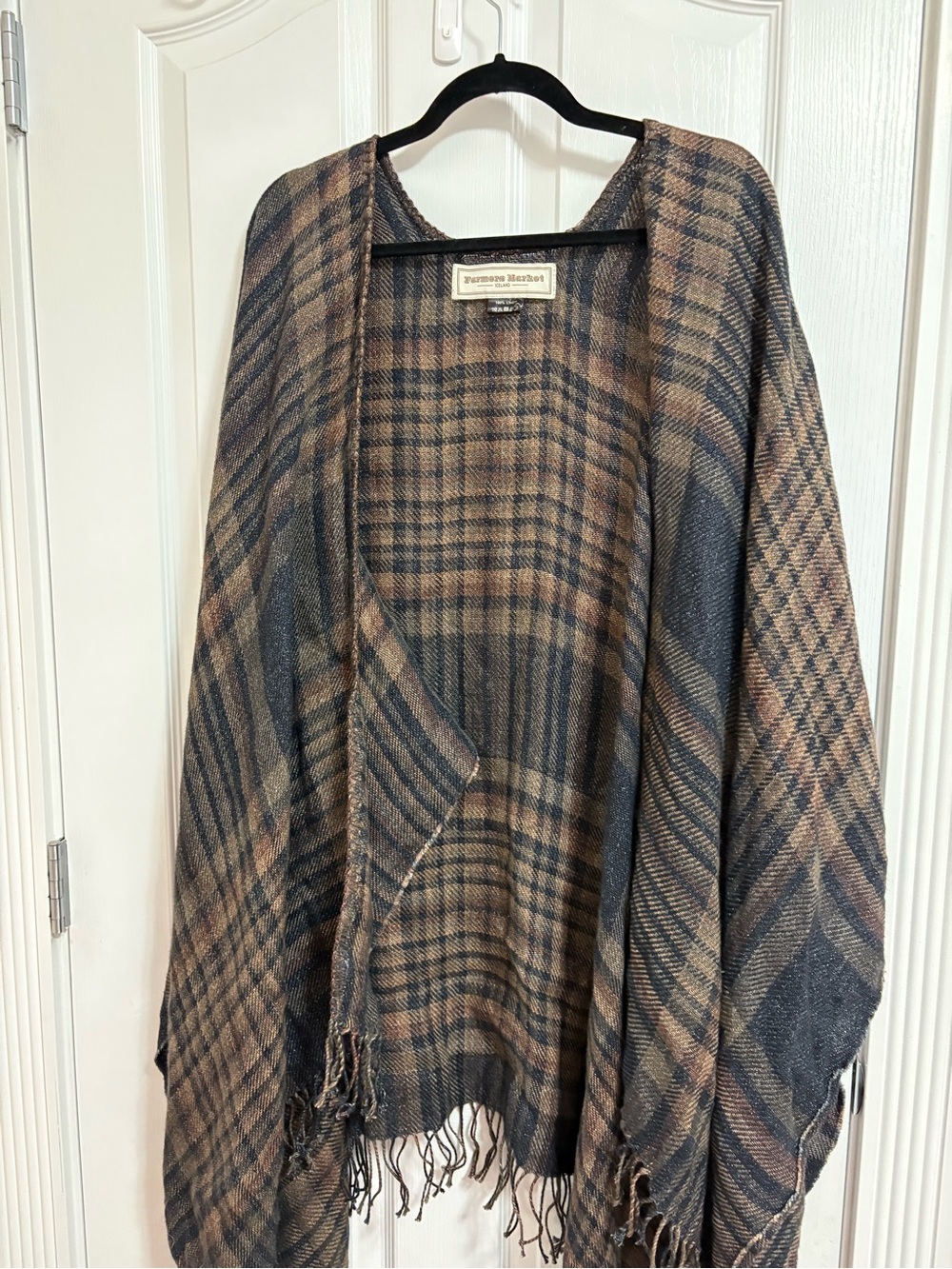 Plaid Open-Front Shawl Coat - Brown & Navy